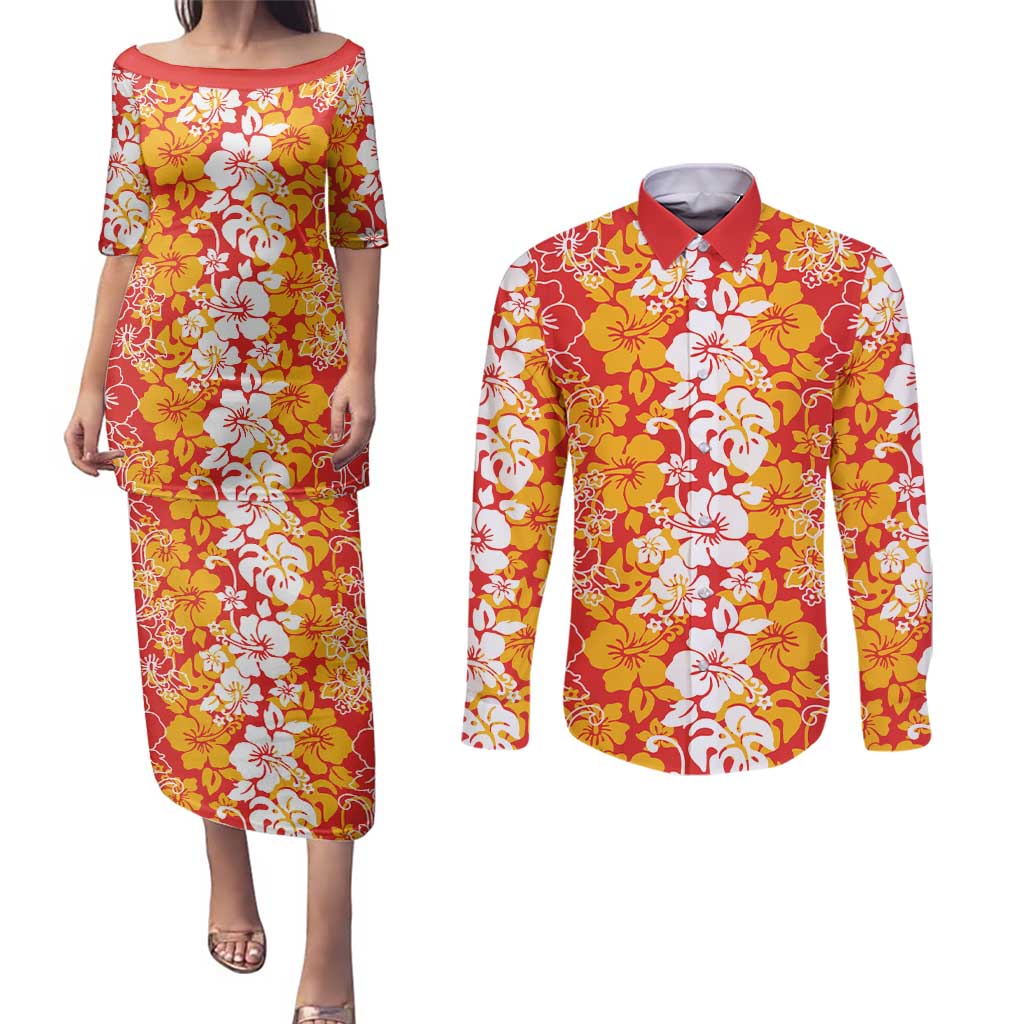 Hawaiian Lei Day Couples Matching Puletasi and Long Sleeve Button Shirt Red Hibiscus Flowers Lei Art LT9 Red - Polynesian Pride