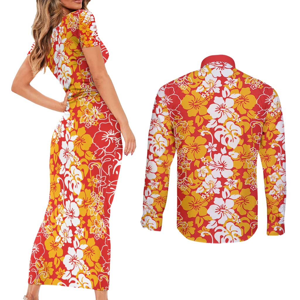 Hawaiian Lei Day Couples Matching Short Sleeve Bodycon Dress and Long Sleeve Button Shirt Red Hibiscus Flowers Lei Art LT9 - Polynesian Pride