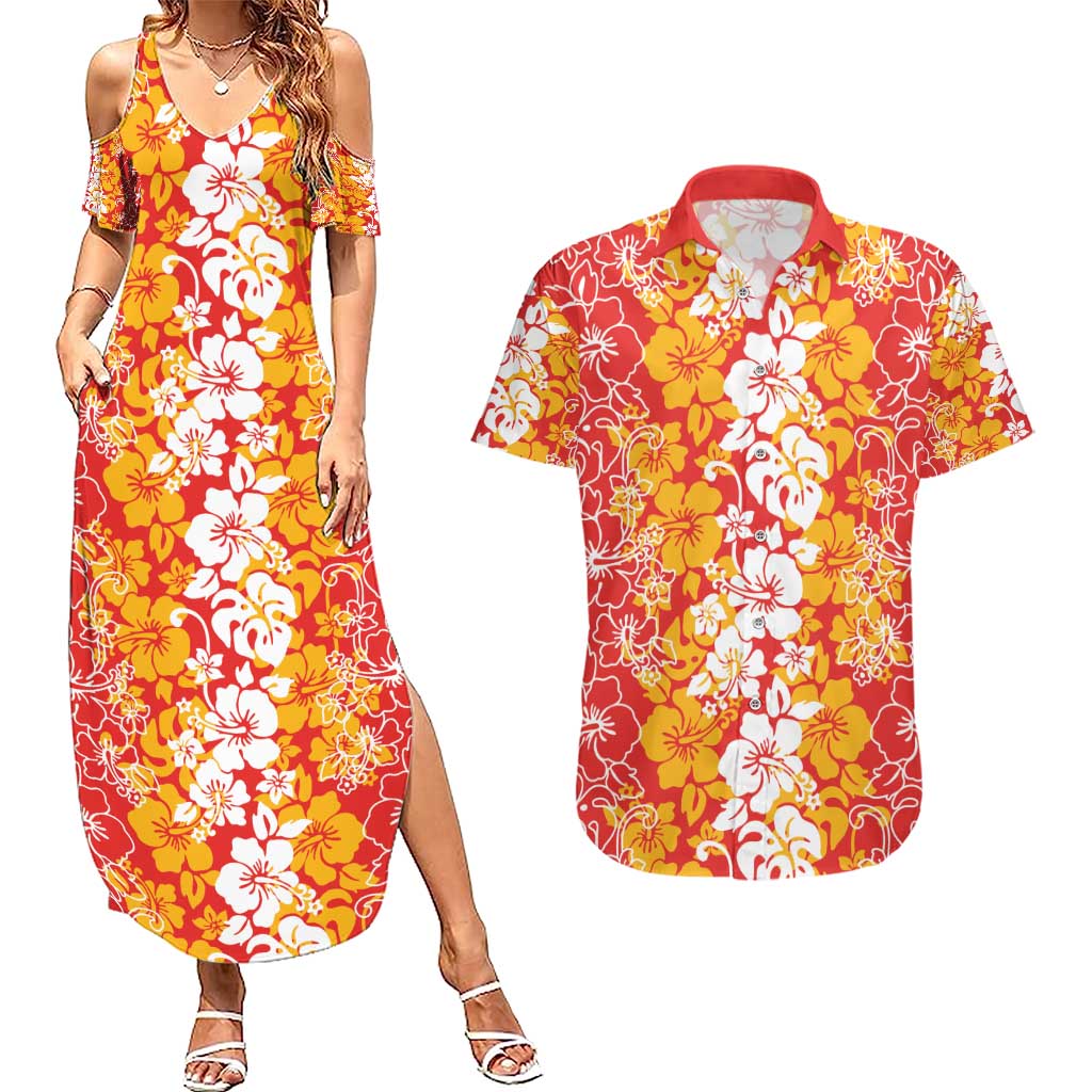 Hawaiian Lei Day Couples Matching Summer Maxi Dress and Hawaiian Shirt Red Hibiscus Flowers Lei Art LT9 Red - Polynesian Pride