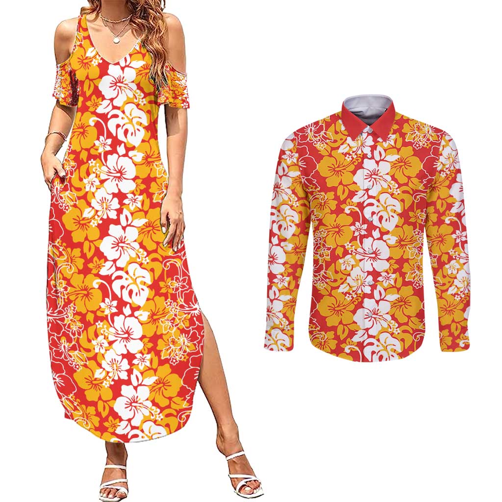Hawaiian Lei Day Couples Matching Summer Maxi Dress and Long Sleeve Button Shirt Red Hibiscus Flowers Lei Art LT9 Red - Polynesian Pride