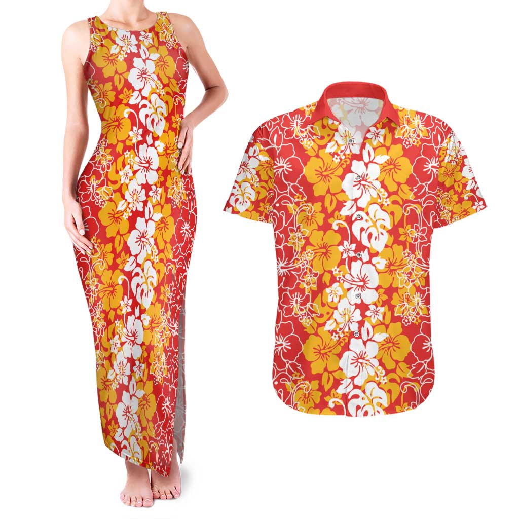 Hawaiian Lei Day Couples Matching Tank Maxi Dress and Hawaiian Shirt Red Hibiscus Flowers Lei Art LT9 Red - Polynesian Pride