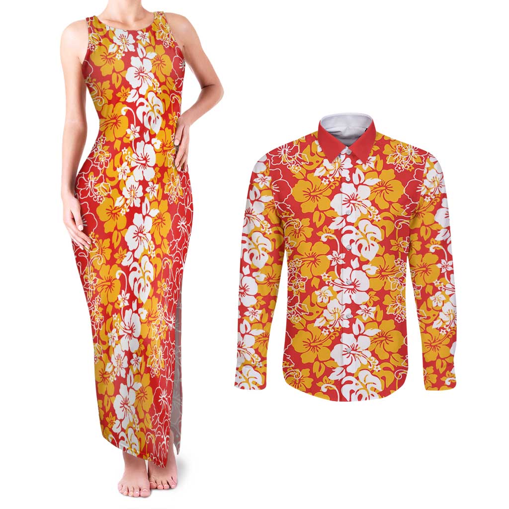Hawaiian Lei Day Couples Matching Tank Maxi Dress and Long Sleeve Button Shirt Red Hibiscus Flowers Lei Art LT9 Red - Polynesian Pride