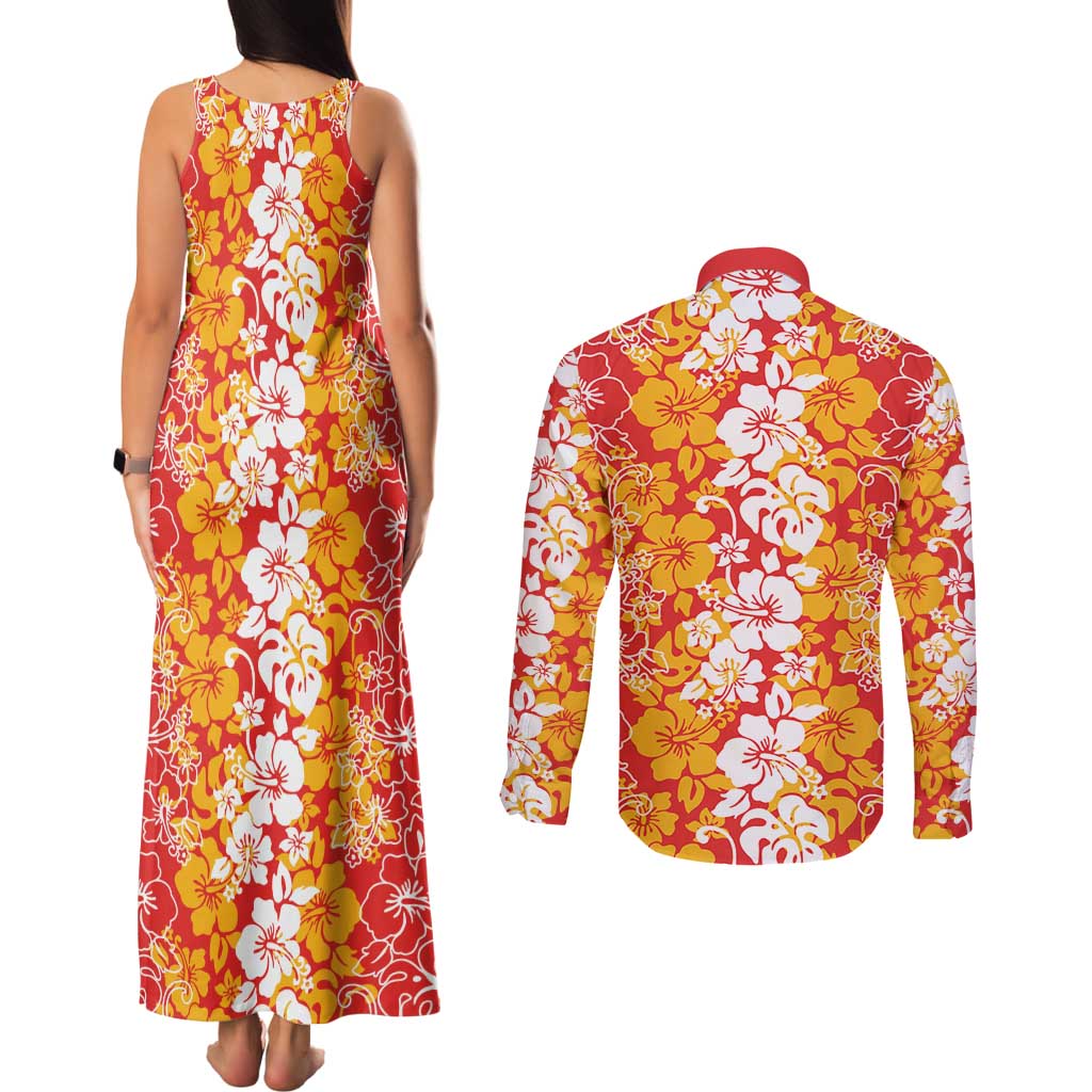 Hawaiian Lei Day Couples Matching Tank Maxi Dress and Long Sleeve Button Shirt Red Hibiscus Flowers Lei Art LT9 - Polynesian Pride