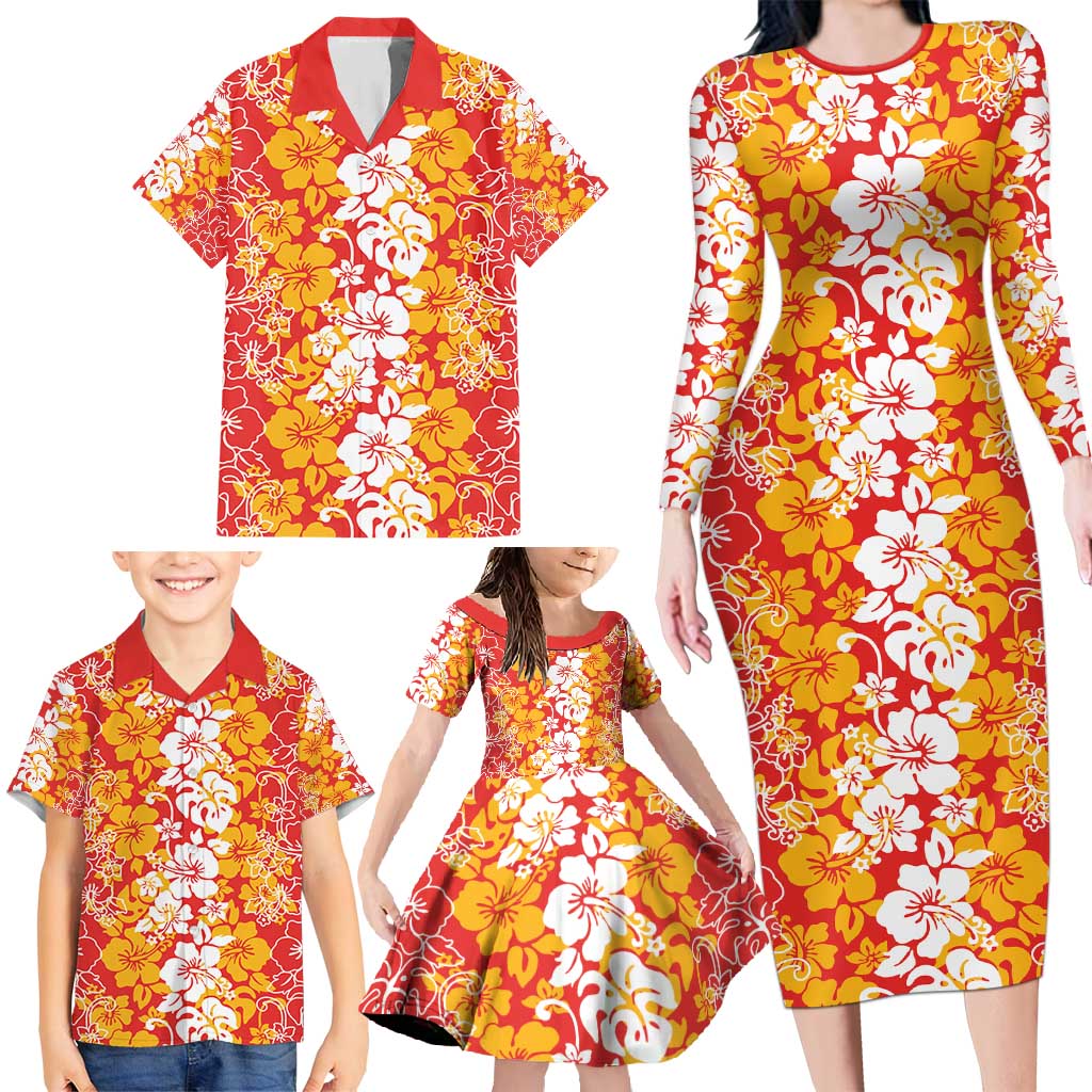 Hawaiian Lei Day Family Matching Long Sleeve Bodycon Dress and Hawaiian Shirt Red Hibiscus Flowers Lei Art LT9 - Polynesian Pride
