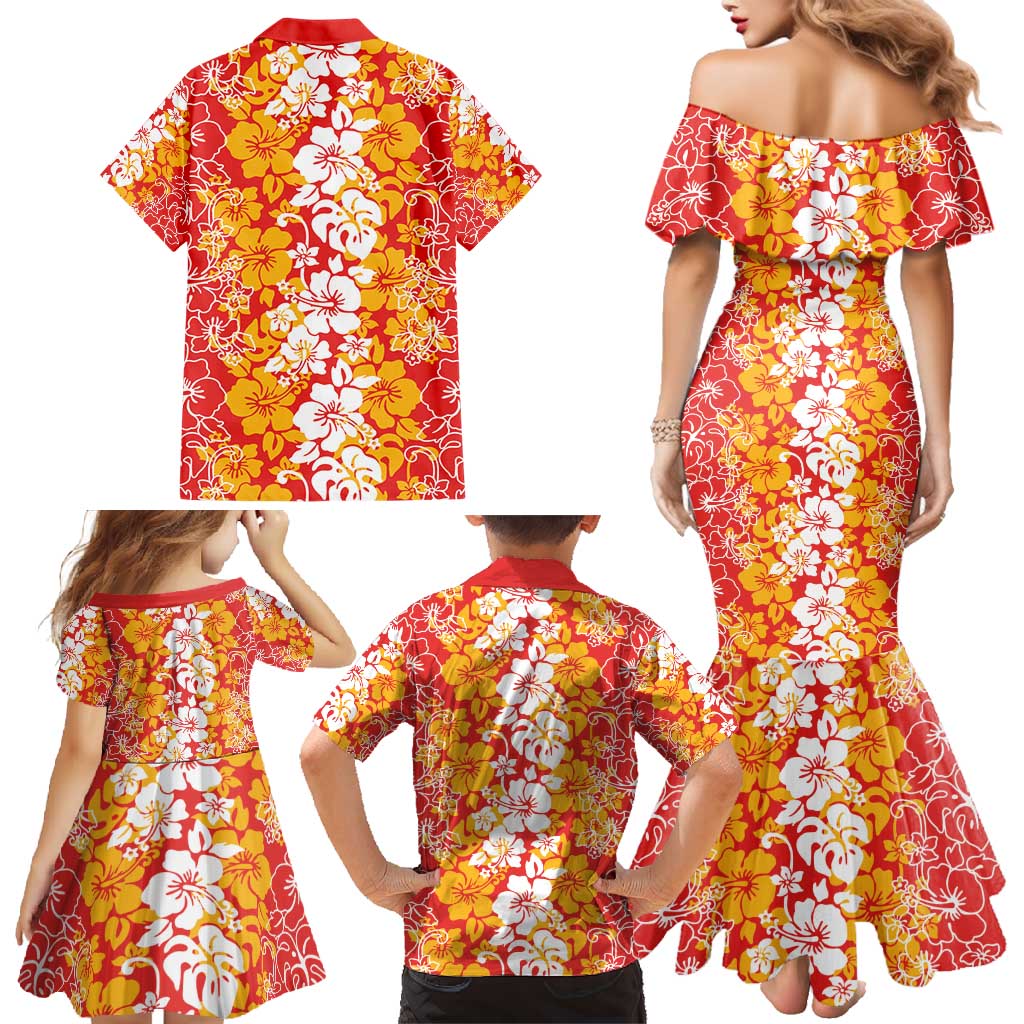 Hawaiian Lei Day Family Matching Mermaid Dress and Hawaiian Shirt Red Hibiscus Flowers Lei Art LT9 - Polynesian Pride
