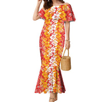 Hawaiian Lei Day Family Matching Mermaid Dress and Hawaiian Shirt Red Hibiscus Flowers Lei Art LT9 Mom's Dress Red - Polynesian Pride