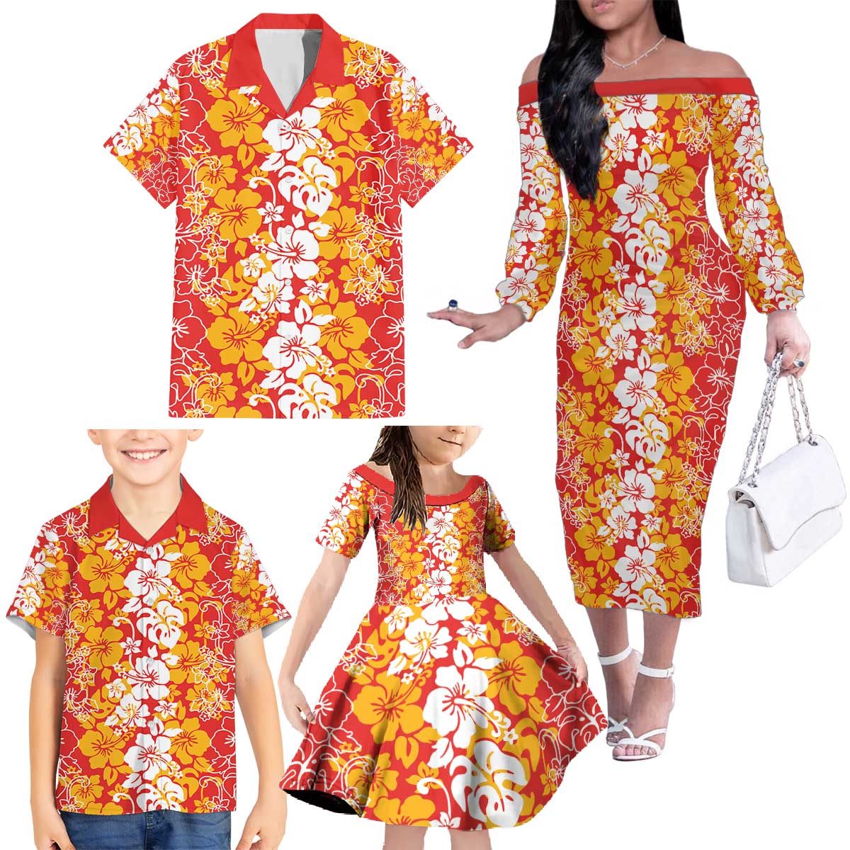 Hawaiian Lei Day Family Matching Off The Shoulder Long Sleeve Dress and Hawaiian Shirt Red Hibiscus Flowers Lei Art LT9 - Polynesian Pride