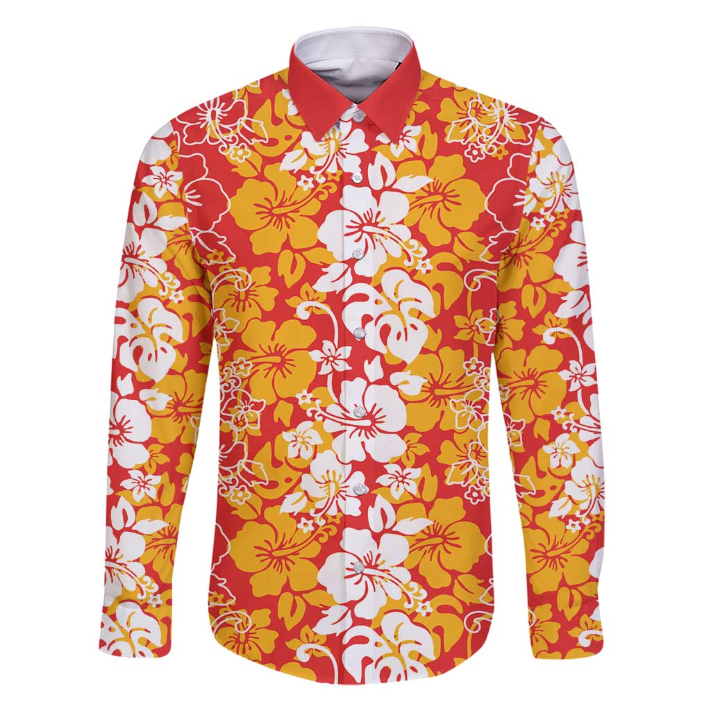 Hawaiian Lei Day Family Matching Off Shoulder Maxi Dress and Hawaiian Shirt Red Hibiscus Flowers Lei Art LT9 Dad's Shirt - Long Sleeve Red - Polynesian Pride