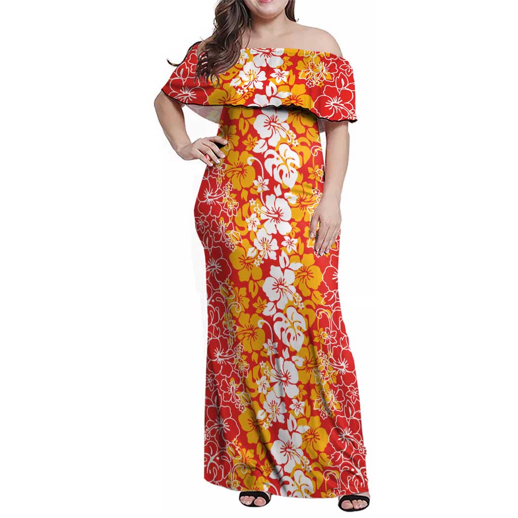 Hawaiian Lei Day Family Matching Off Shoulder Maxi Dress and Hawaiian Shirt Red Hibiscus Flowers Lei Art LT9 Mom's Dress Red - Polynesian Pride