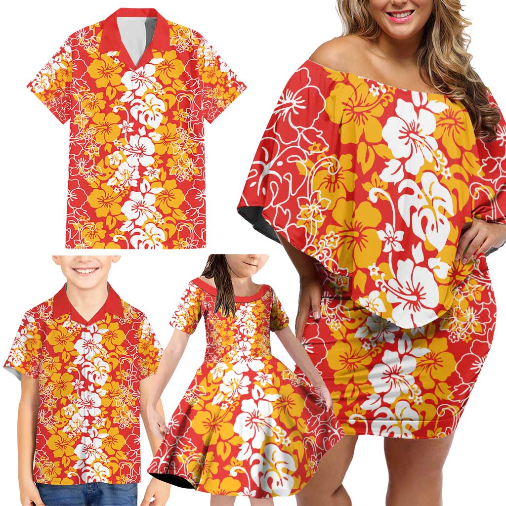 Hawaiian Lei Day Family Matching Off Shoulder Short Dress and Hawaiian Shirt Red Hibiscus Flowers Lei Art LT9 - Polynesian Pride