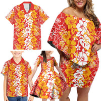 Hawaiian Lei Day Family Matching Off Shoulder Short Dress and Hawaiian Shirt Red Hibiscus Flowers Lei Art LT9 - Polynesian Pride