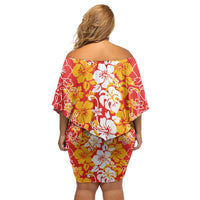 Hawaiian Lei Day Family Matching Off Shoulder Short Dress and Hawaiian Shirt Red Hibiscus Flowers Lei Art LT9 - Polynesian Pride