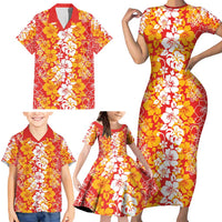 Hawaiian Lei Day Family Matching Short Sleeve Bodycon Dress and Hawaiian Shirt Red Hibiscus Flowers Lei Art LT9 - Polynesian Pride