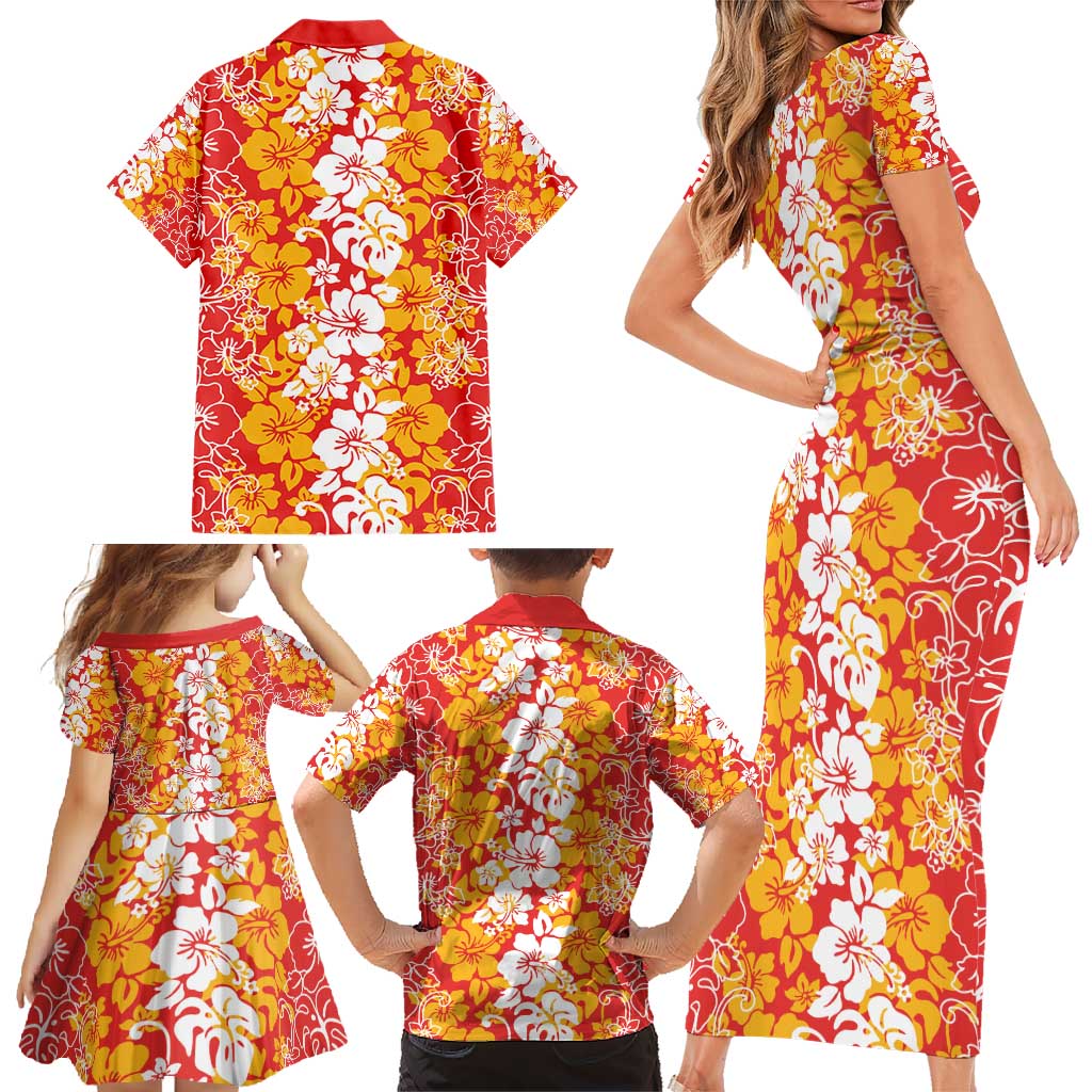 Hawaiian Lei Day Family Matching Short Sleeve Bodycon Dress and Hawaiian Shirt Red Hibiscus Flowers Lei Art LT9 - Polynesian Pride