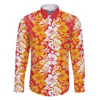 Hawaiian Lei Day Family Matching Short Sleeve Bodycon Dress and Hawaiian Shirt Red Hibiscus Flowers Lei Art LT9 Dad's Shirt - Long Sleeve Red - Polynesian Pride