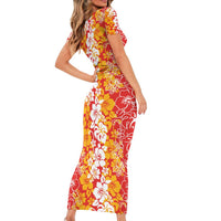 Hawaiian Lei Day Family Matching Short Sleeve Bodycon Dress and Hawaiian Shirt Red Hibiscus Flowers Lei Art LT9 - Polynesian Pride