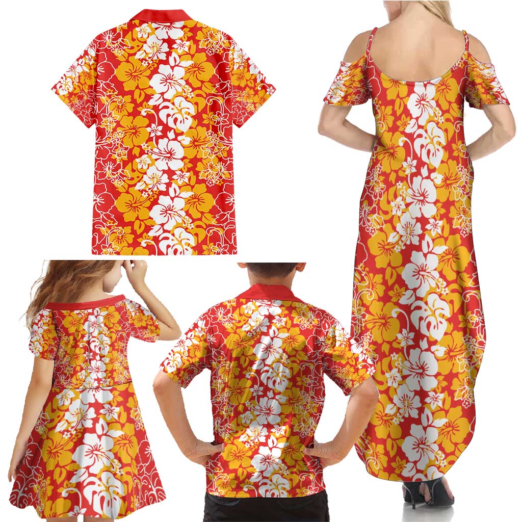 Hawaiian Lei Day Family Matching Summer Maxi Dress and Hawaiian Shirt Red Hibiscus Flowers Lei Art LT9 - Polynesian Pride