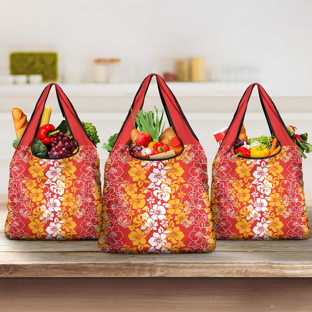 Hawaiian Lei Day Grocery Bag Red Hibiscus Flowers Lei Art