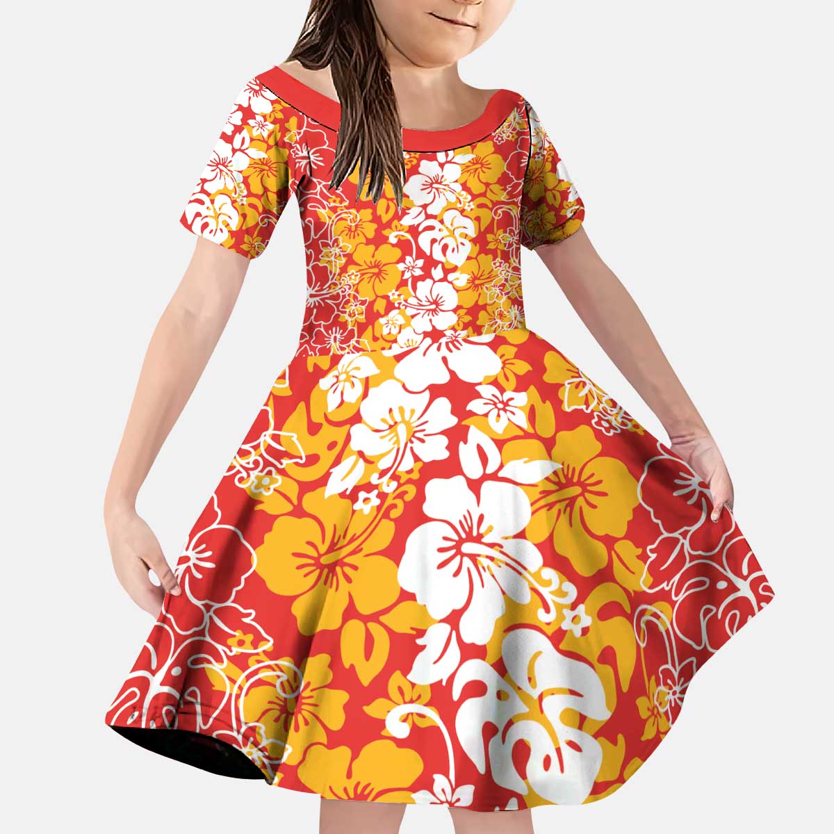 Hawaiian Lei Day Kid Short Sleeve Dress Red Hibiscus Flowers Lei Art LT9 KID Red - Polynesian Pride