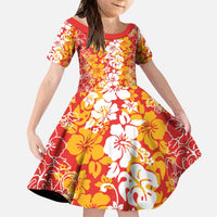 Hawaiian Lei Day Kid Short Sleeve Dress Red Hibiscus Flowers Lei Art