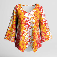 Hawaiian Lei Day Kimono Sleeve Blouse Red Hibiscus Flowers Lei Art - Polynesian Pride