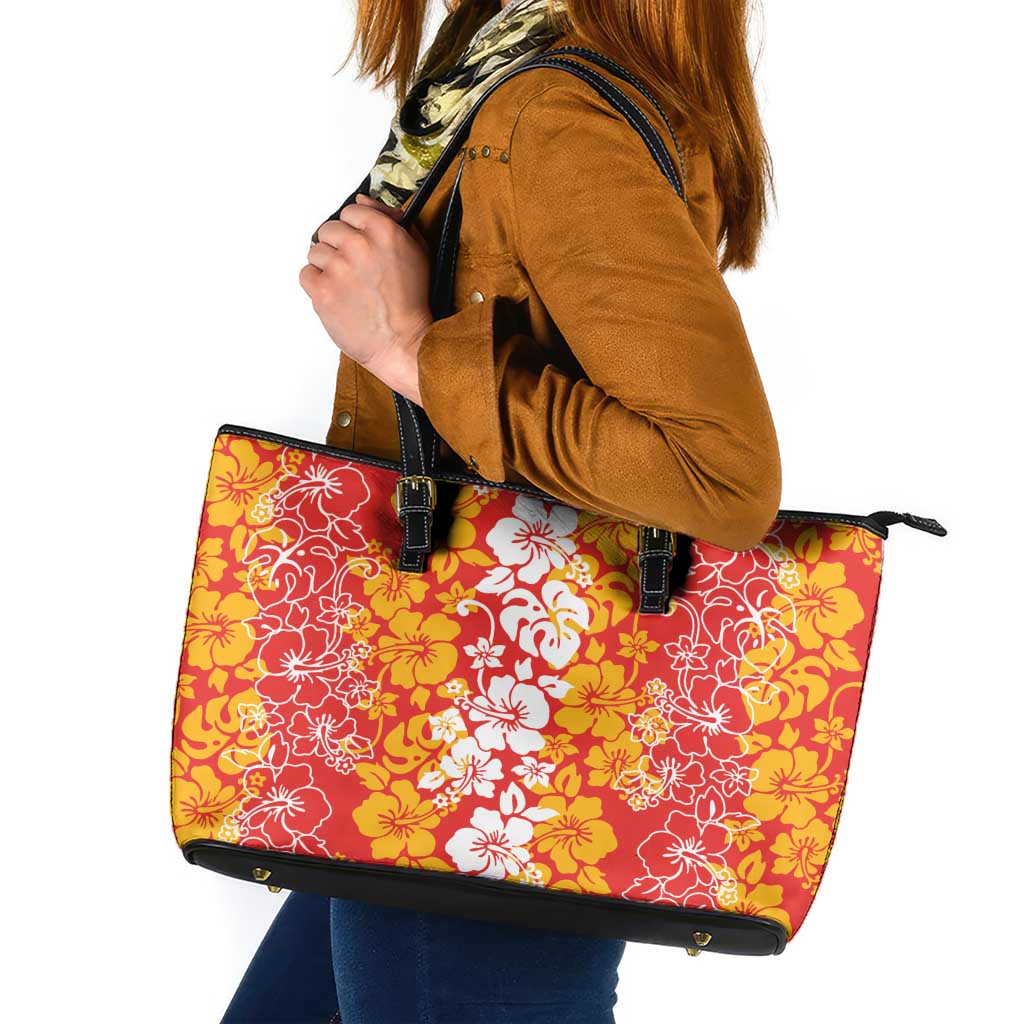 Hawaiian Lei Day Leather Tote Bag Red Hibiscus Flowers Lei Art LT9 Red - Polynesian Pride