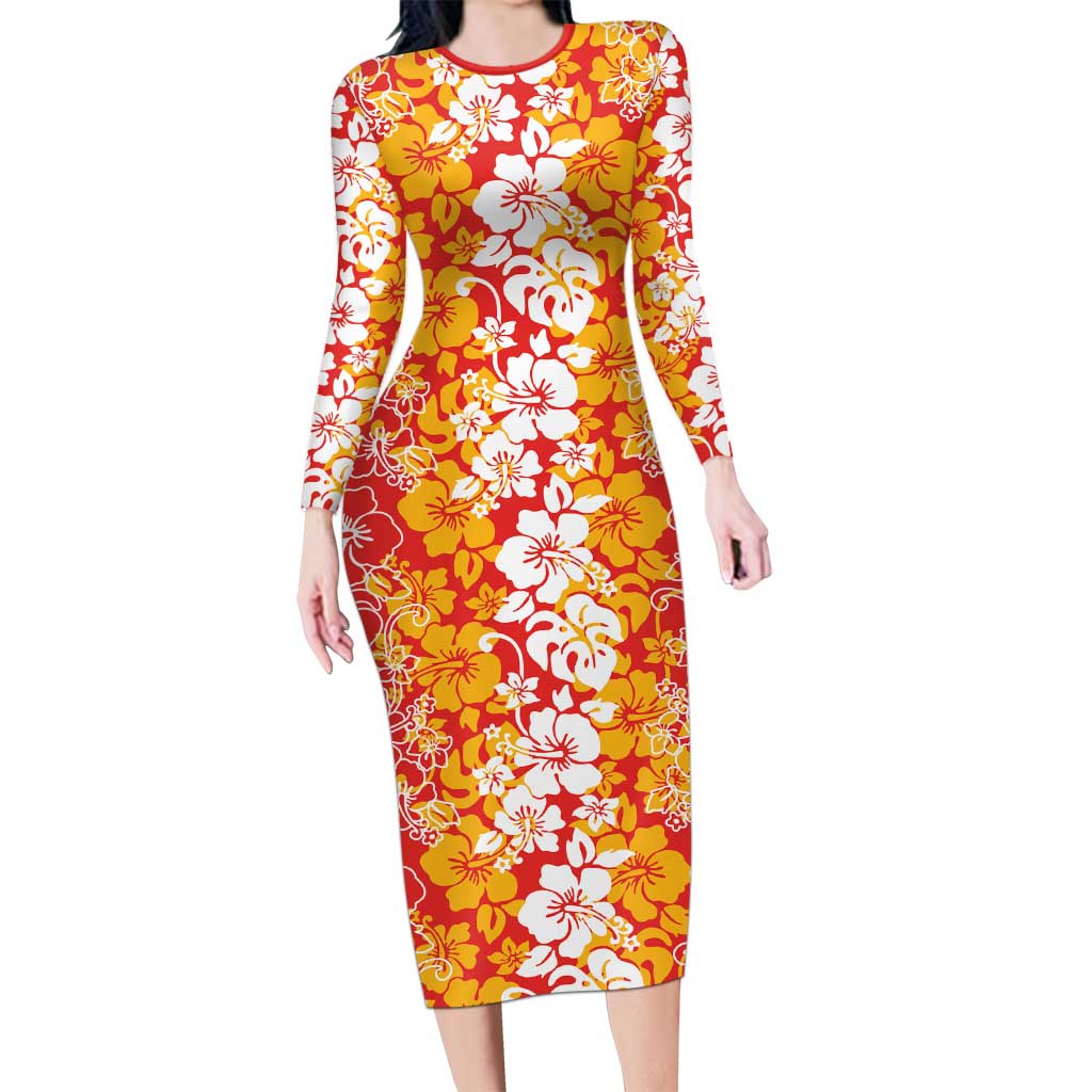 Hawaiian Lei Day Long Sleeve Bodycon Dress Red Hibiscus Flowers Lei Art