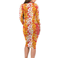 Hawaiian Lei Day Long Sleeve Bodycon Dress Red Hibiscus Flowers Lei Art