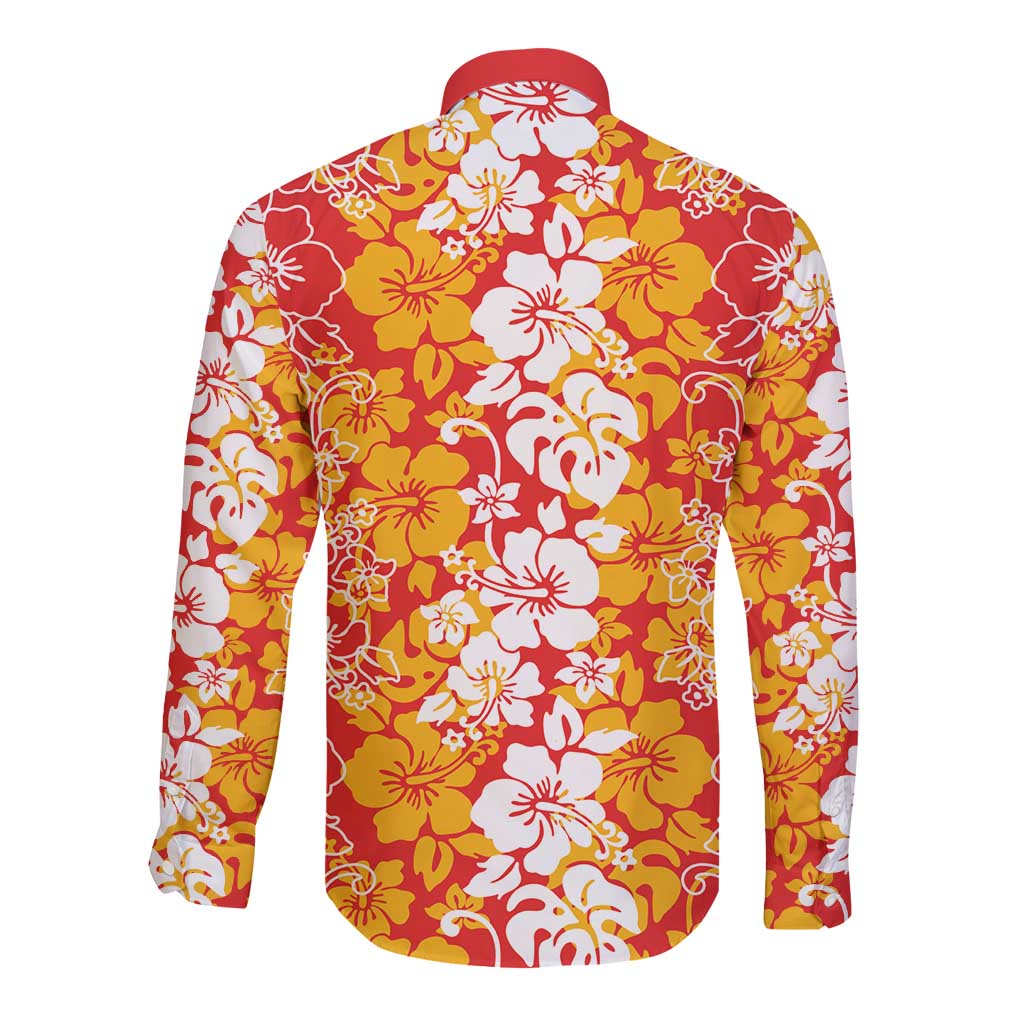Hawaiian Lei Day Long Sleeve Button Shirt Red Hibiscus Flowers Lei Art