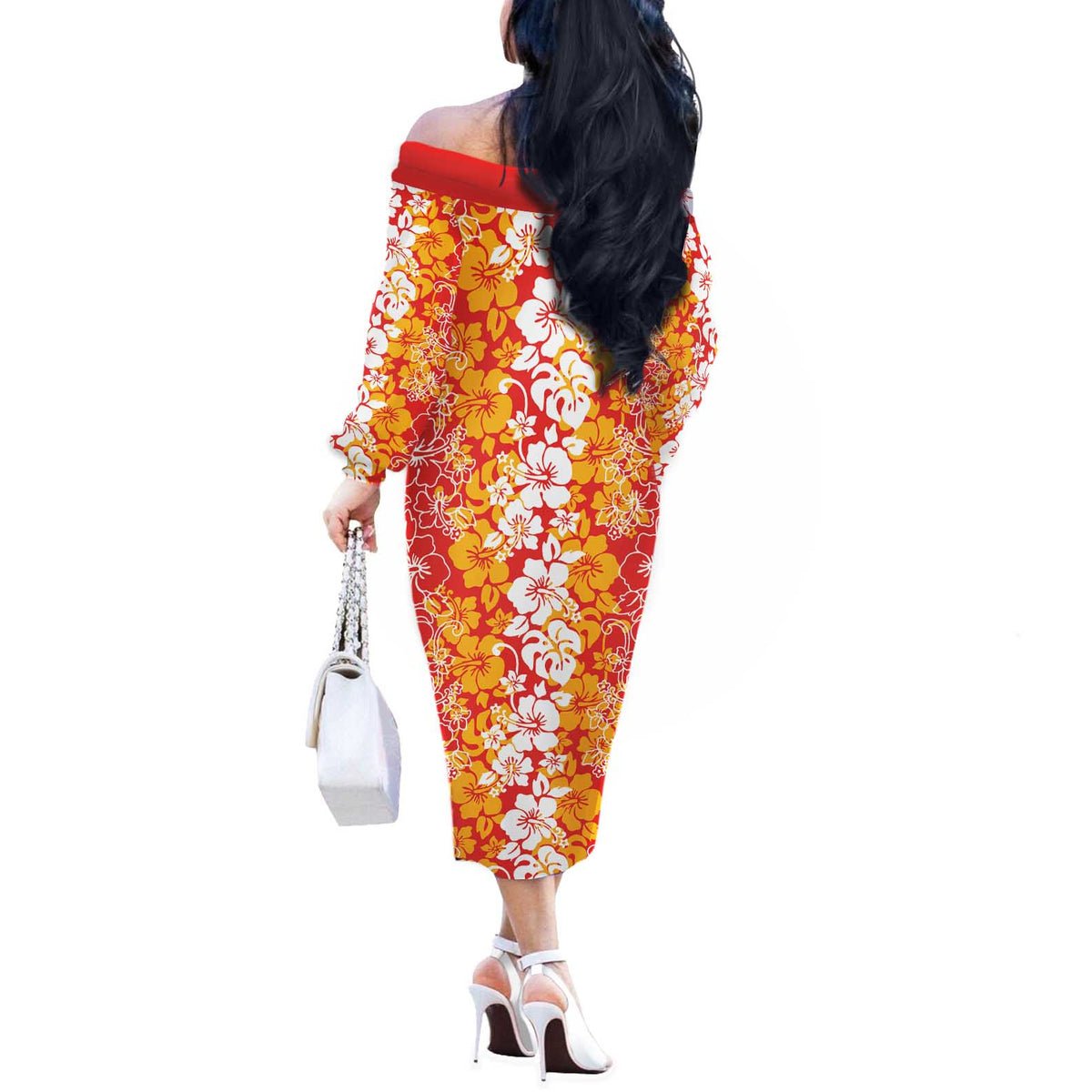 Hawaiian Lei Day Off The Shoulder Long Sleeve Dress Red Hibiscus Flowers Lei Art LT9 - Polynesian Pride