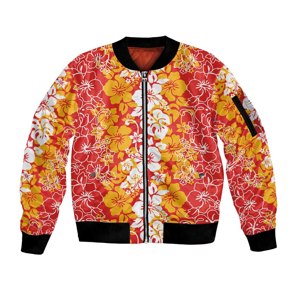 Hawaiian Lei Day Sleeve Zip Bomber Jacket Red Hibiscus Flowers Lei Art LT9 Unisex Red - Polynesian Pride