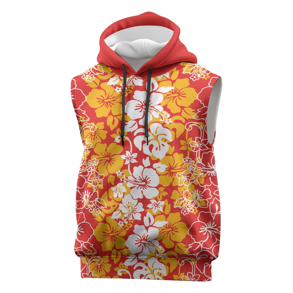 Hawaiian Lei Day Sleeveless Hoodie Red Hibiscus Flowers Lei Art LT9 Red - Polynesian Pride