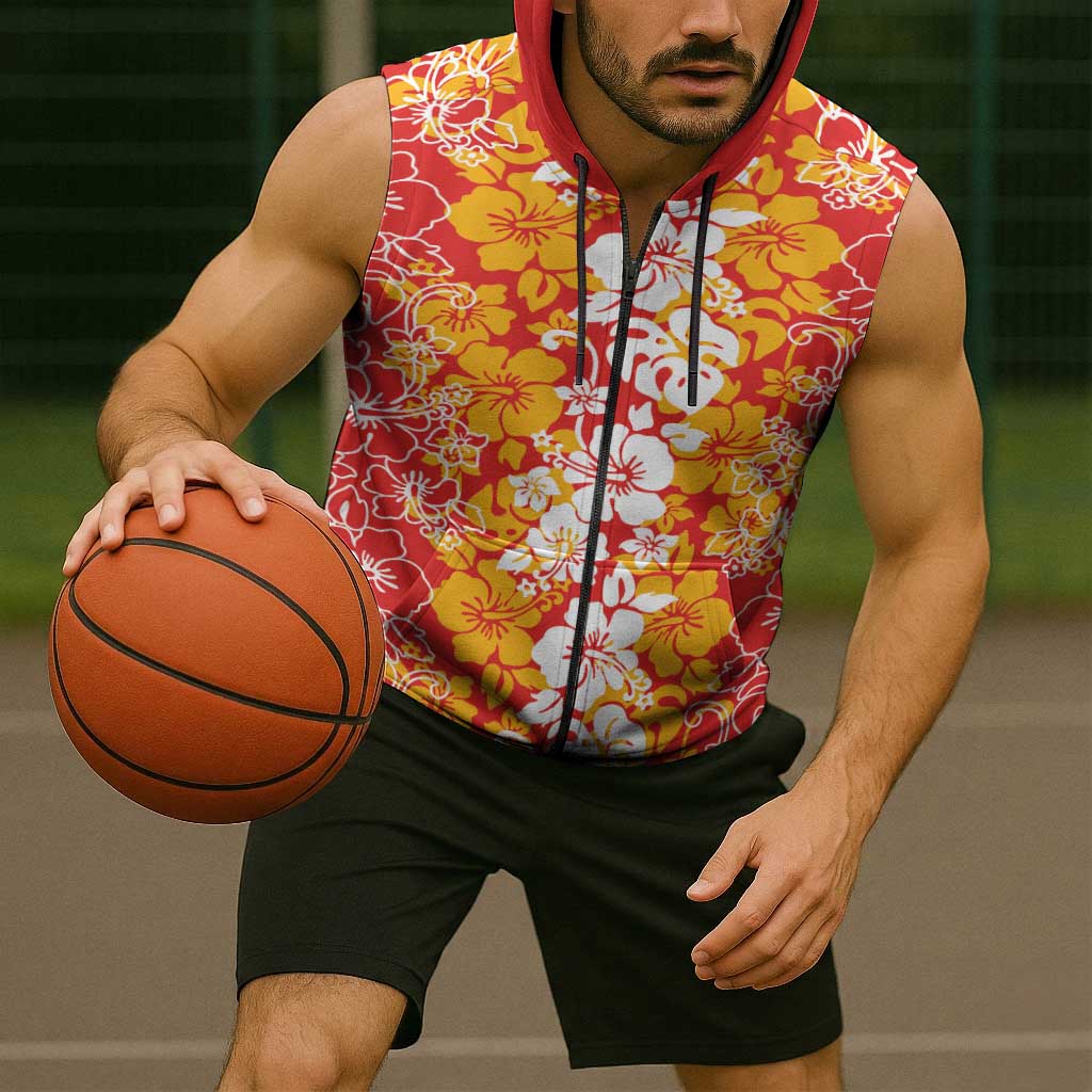 Hawaiian Lei Day Sleeveless Zip Hoodie Red Hibiscus Flowers Lei Art - Polynesian Pride