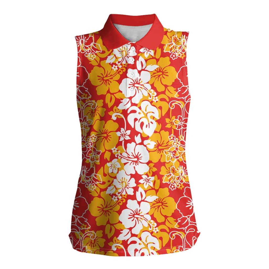 Hawaiian Lei Day Women Sleeveless Polo Shirt Red Hibiscus Flowers Lei Art LT9 Female Red - Polynesian Pride