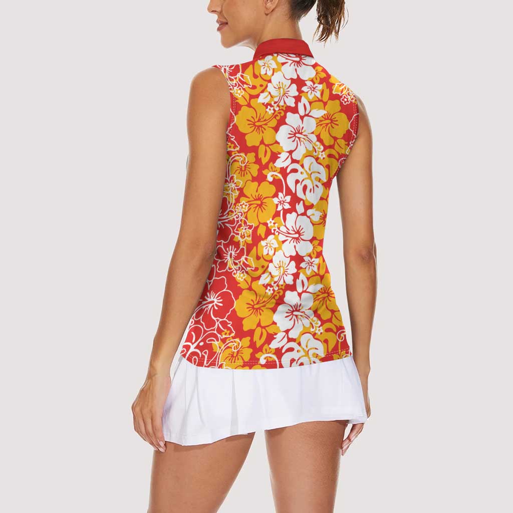 Hawaiian Lei Day Women Sleeveless Polo Shirt Red Hibiscus Flowers Lei Art LT9 - Polynesian Pride
