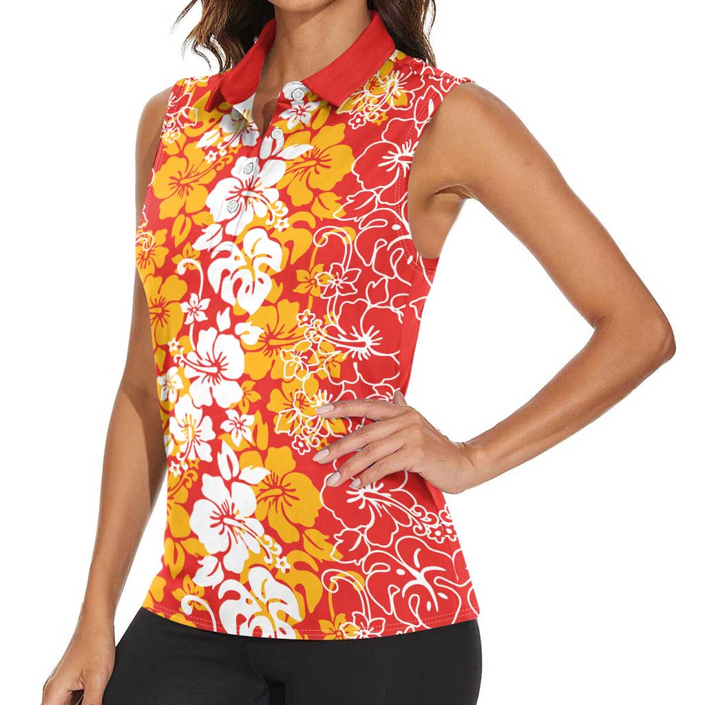 Hawaiian Lei Day Women Sleeveless Polo Shirt Red Hibiscus Flowers Lei Art LT9 - Polynesian Pride