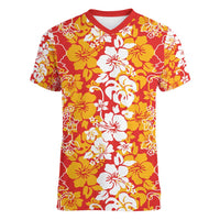 Hawaiian Lei Day Women V-Neck T-Shirt Red Hibiscus Flowers Lei Art LT9 Female Red - Polynesian Pride
