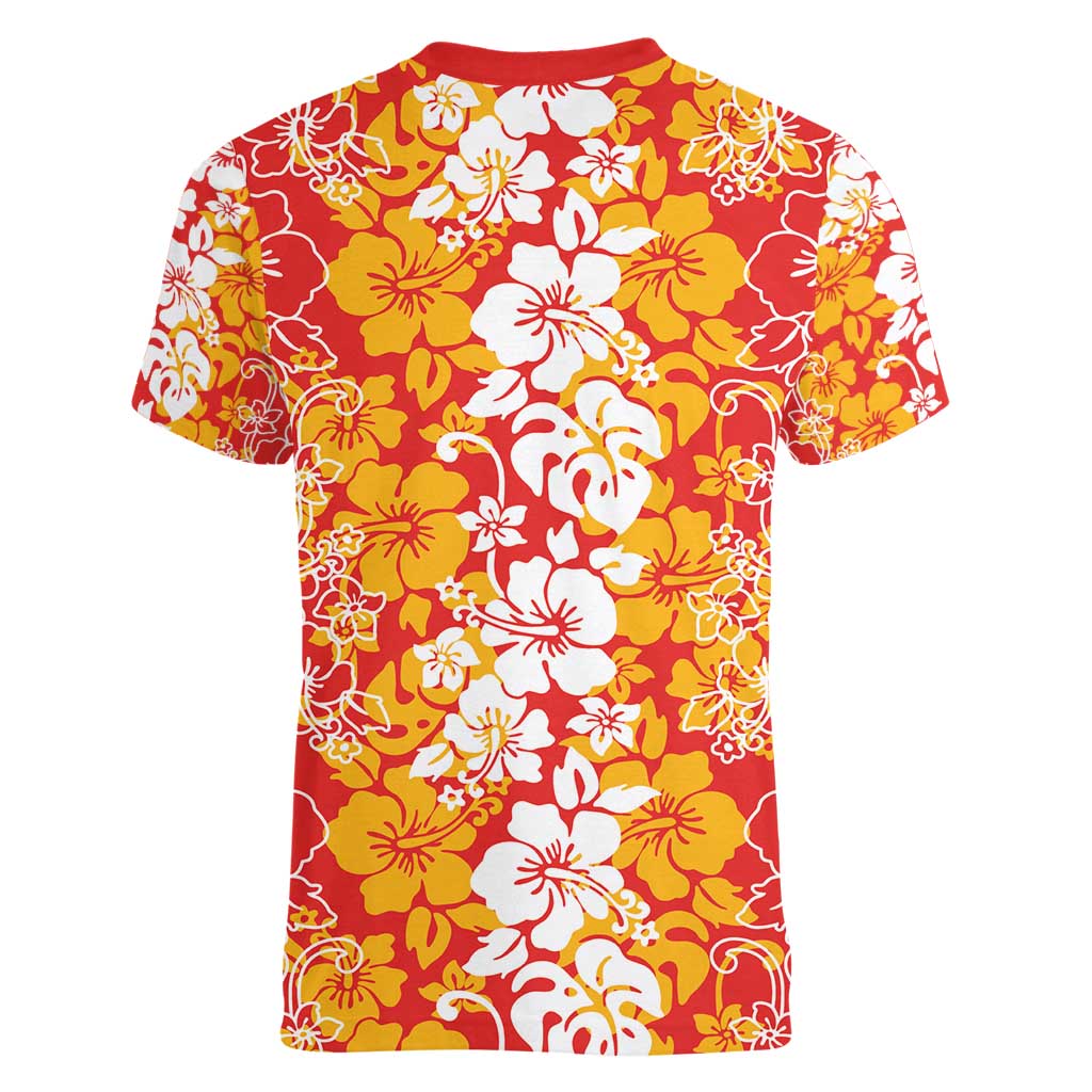 Hawaiian Lei Day Women V-Neck T-Shirt Red Hibiscus Flowers Lei Art LT9 - Polynesian Pride