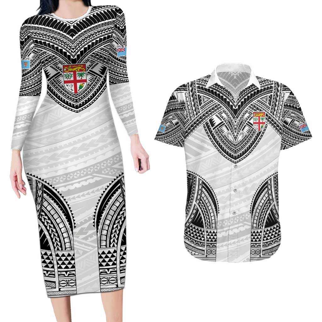 Flying Fijians Pacific Fiji Rugby Custom Couples Matching Long Sleeve Bodycon Dress and Hawaiian Shirt Polynesian Pattern LT9 White - Polynesian Pride