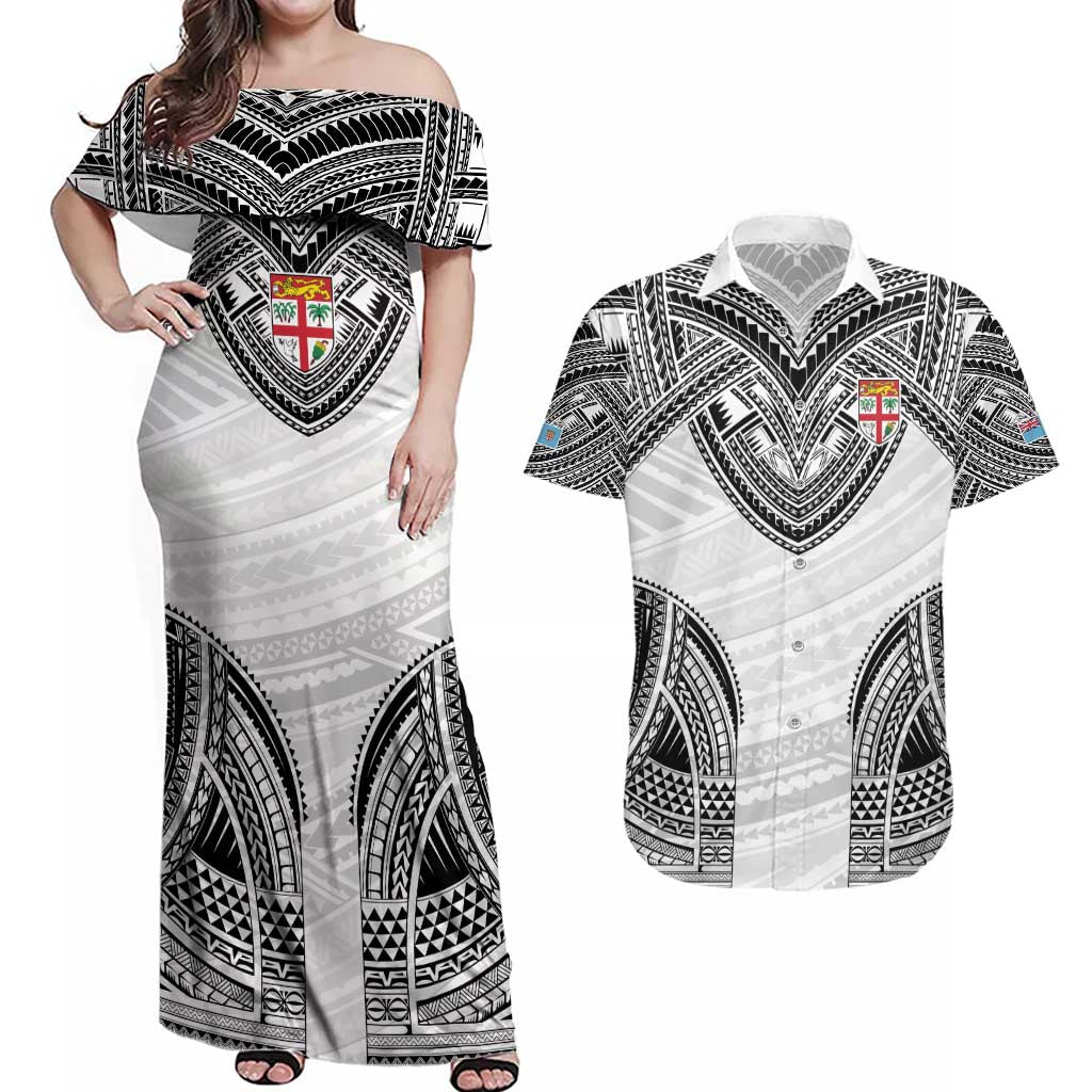 Flying Fijians Pacific Fiji Rugby Custom Couples Matching Off Shoulder Maxi Dress and Hawaiian Shirt Polynesian Pattern LT9 White - Polynesian Pride