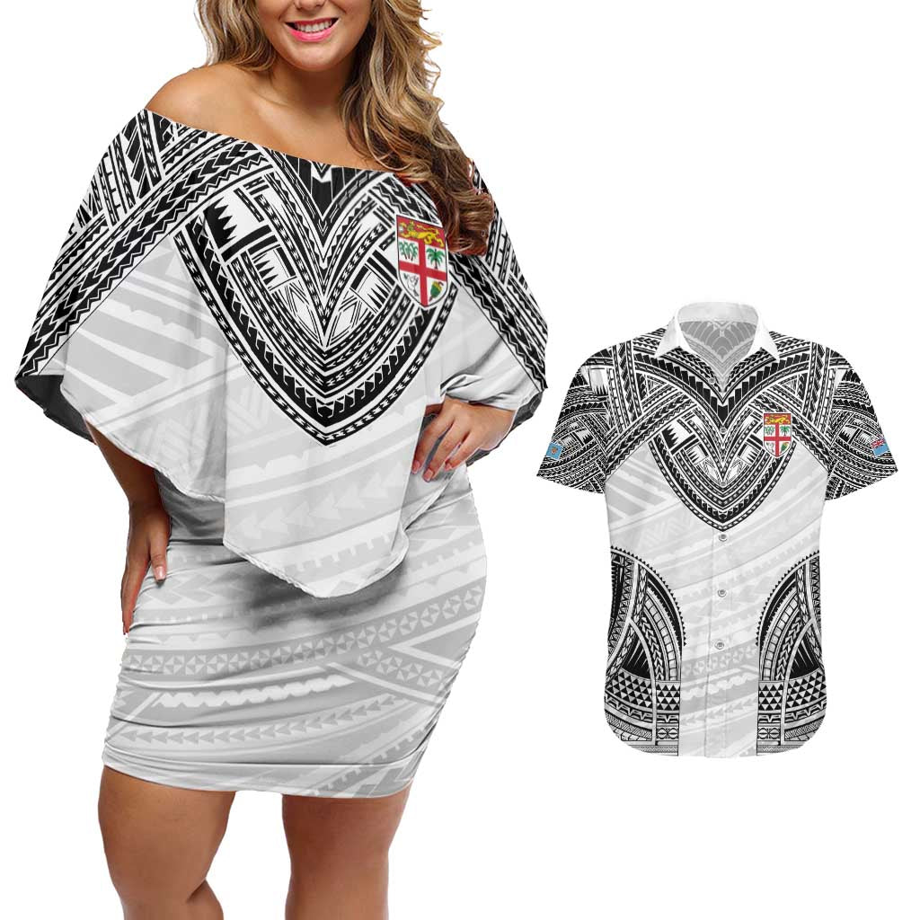 Flying Fijians Pacific Fiji Rugby Custom Couples Matching Off Shoulder Short Dress and Hawaiian Shirt Polynesian Pattern LT9 White - Polynesian Pride