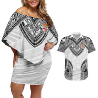 Flying Fijians Pacific Fiji Rugby Custom Couples Matching Off Shoulder Short Dress and Hawaiian Shirt Polynesian Pattern LT9 White - Polynesian Pride