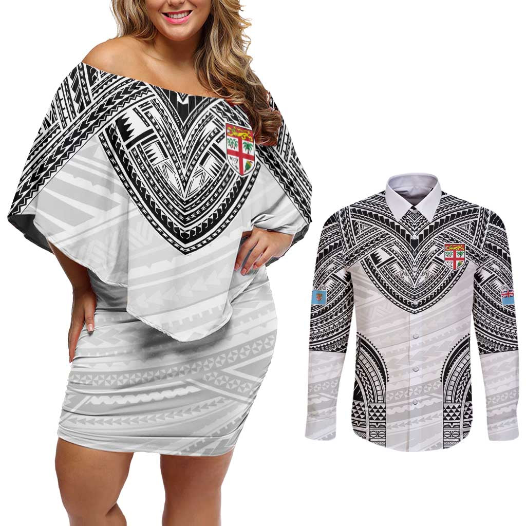 Flying Fijians Pacific Fiji Rugby Custom Couples Matching Off Shoulder Short Dress and Long Sleeve Button Shirt Polynesian Pattern