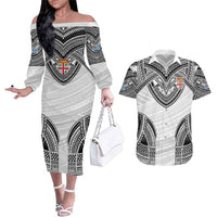 Flying Fijians Pacific Fiji Rugby Custom Couples Matching Off The Shoulder Long Sleeve Dress and Hawaiian Shirt Polynesian Pattern LT9 White - Polynesian Pride
