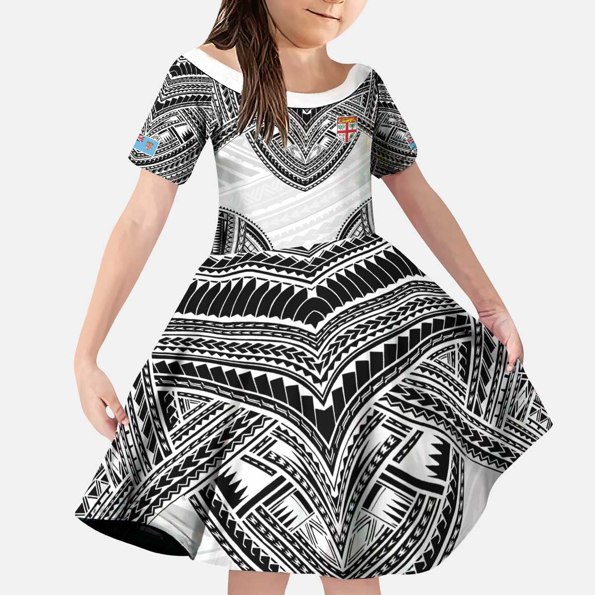 Flying Fijians Pacific Fiji Rugby Custom Kid Short Sleeve Dress Polynesian Pattern