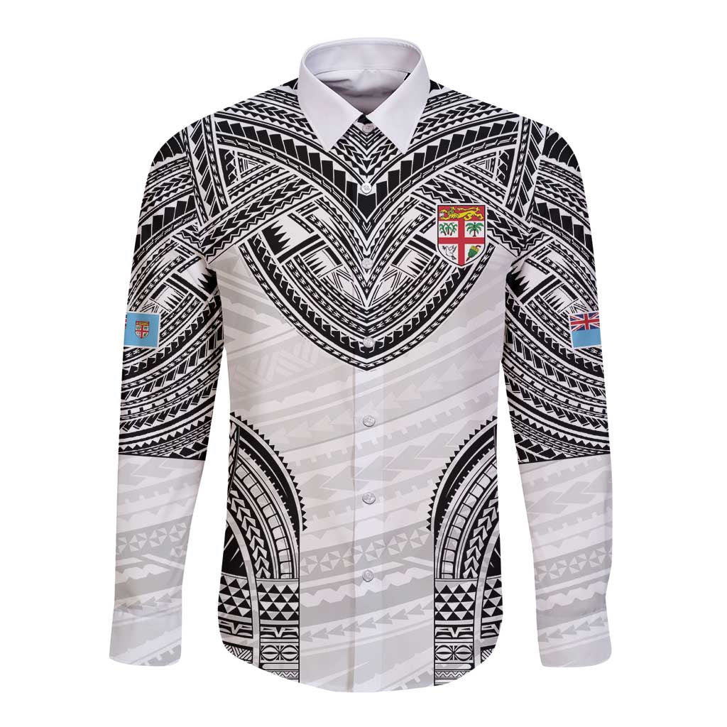 Flying Fijians Pacific Fiji Rugby Custom Long Sleeve Button Shirt Polynesian Pattern LT9 Unisex White - Polynesian Pride