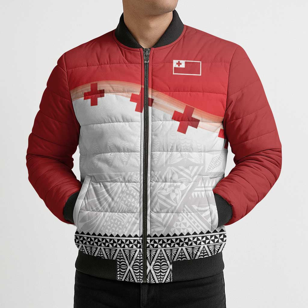 Ikale Tahi Pacific Tonga Rugby Custom Bomber Puffer Jacket Tongan Ngatu with Flag Pattern - Polynesian Pride