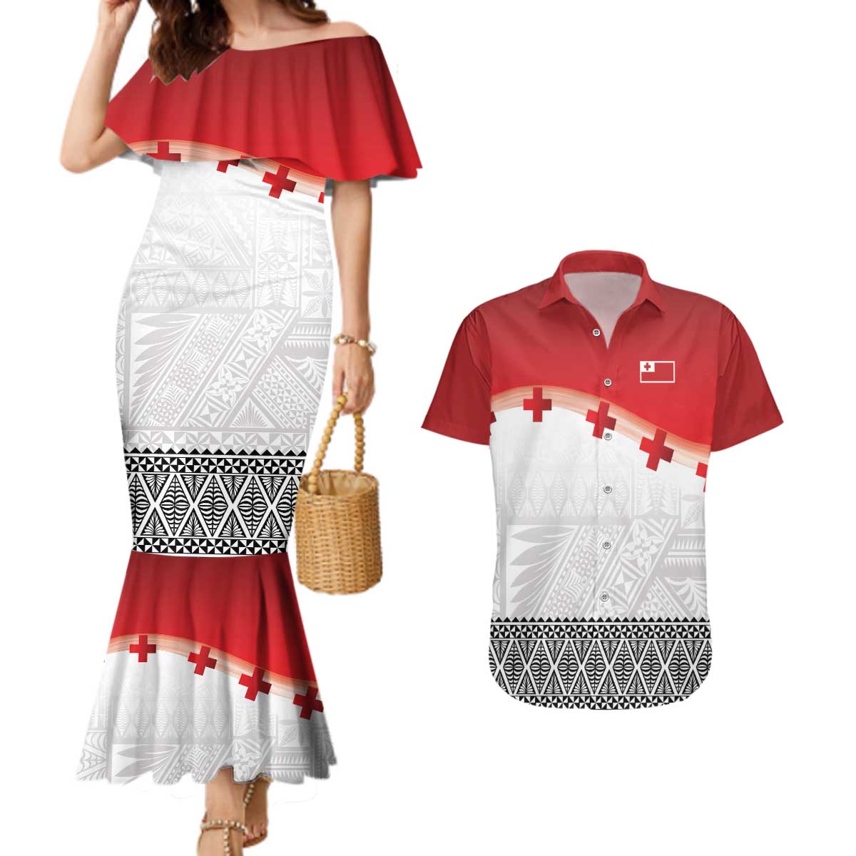Ikale Tahi Pacific Tonga Rugby Custom Couples Matching Mermaid Dress and Hawaiian Shirt Tongan Ngatu with Flag Pattern