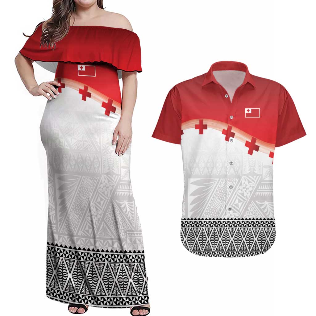 Ikale Tahi Pacific Tonga Rugby Custom Couples Matching Off Shoulder Maxi Dress and Hawaiian Shirt Tongan Ngatu with Flag Pattern LT9 Red - Polynesian Pride