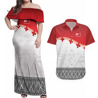 Ikale Tahi Pacific Tonga Rugby Custom Couples Matching Off Shoulder Maxi Dress and Hawaiian Shirt Tongan Ngatu with Flag Pattern LT9 Red - Polynesian Pride
